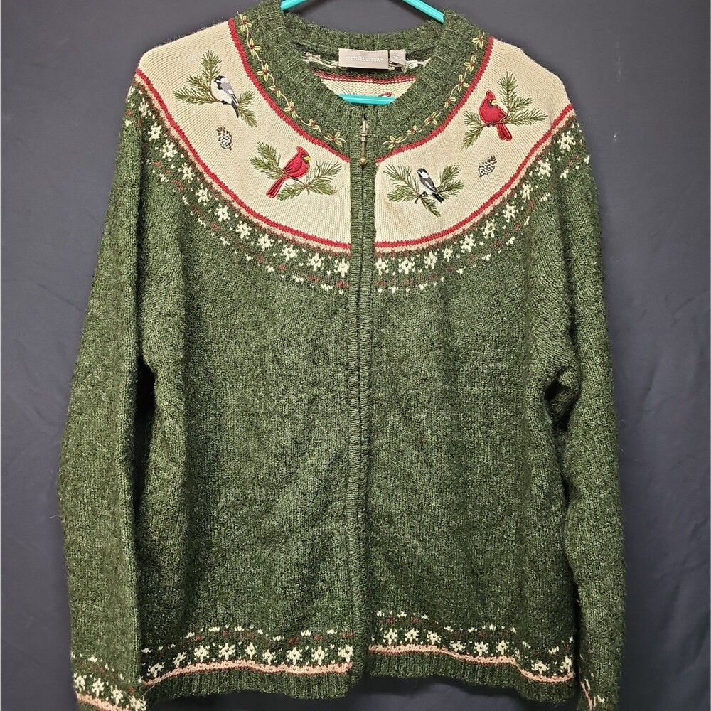 croft and barrow womens Large Christmas Birds Sweater Zip Up Silk Blend Green